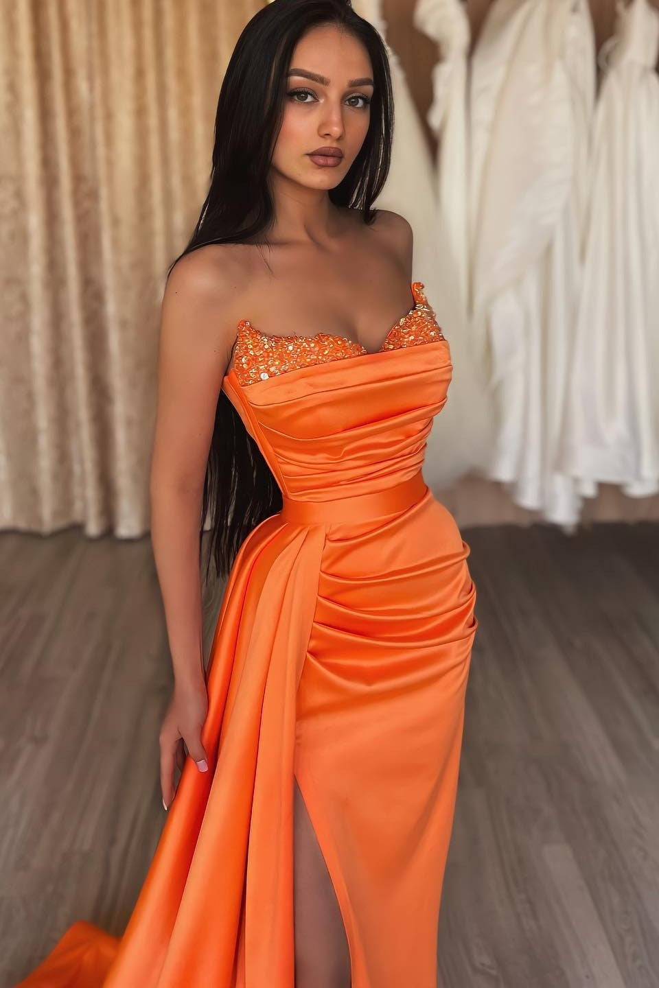 Orange Strapless Slit Long Mermaid Prom Dress With Ruffles