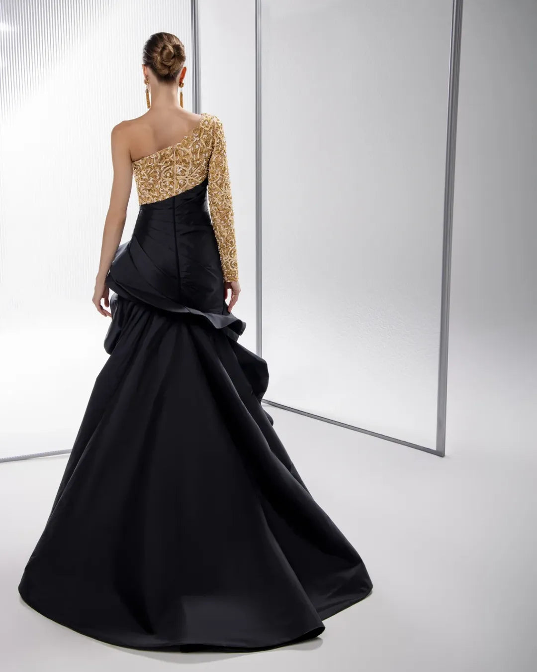 Black Long Sleeves One Shoulder A Line Prom Dress With Beads