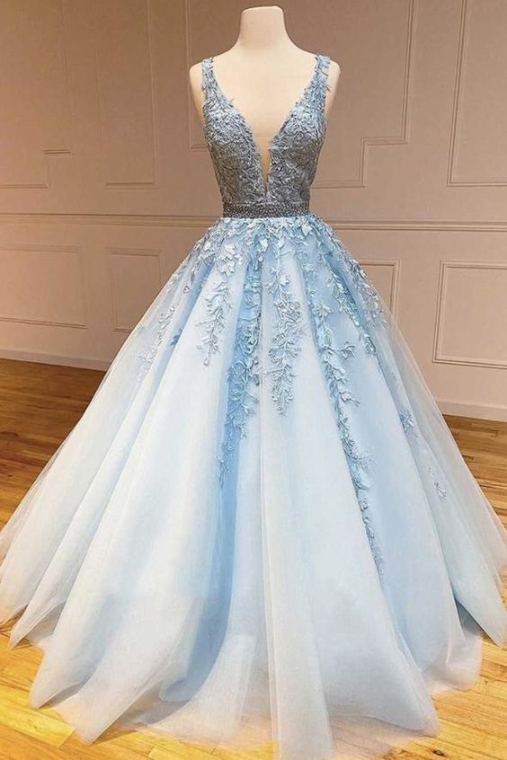 Elegant Lace A-Line Prom Dresses,Applique V-Neck Long Evening Dress fg2280
