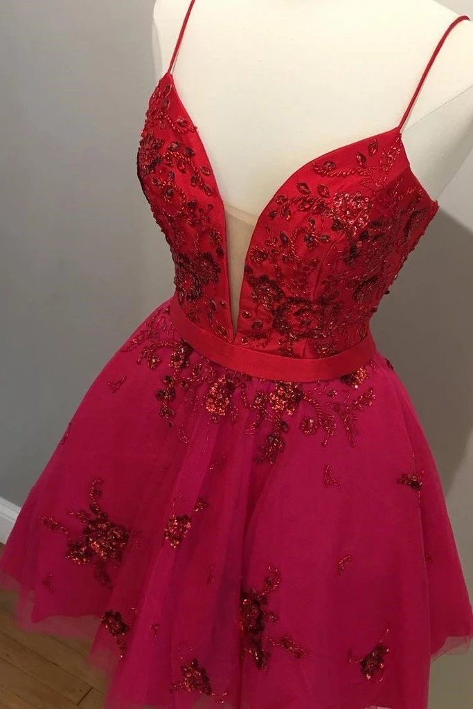 Red Spaghetti Straps V Neck Tulle Beaded Short Prom Dresses, Homecoming Dresses fg2616