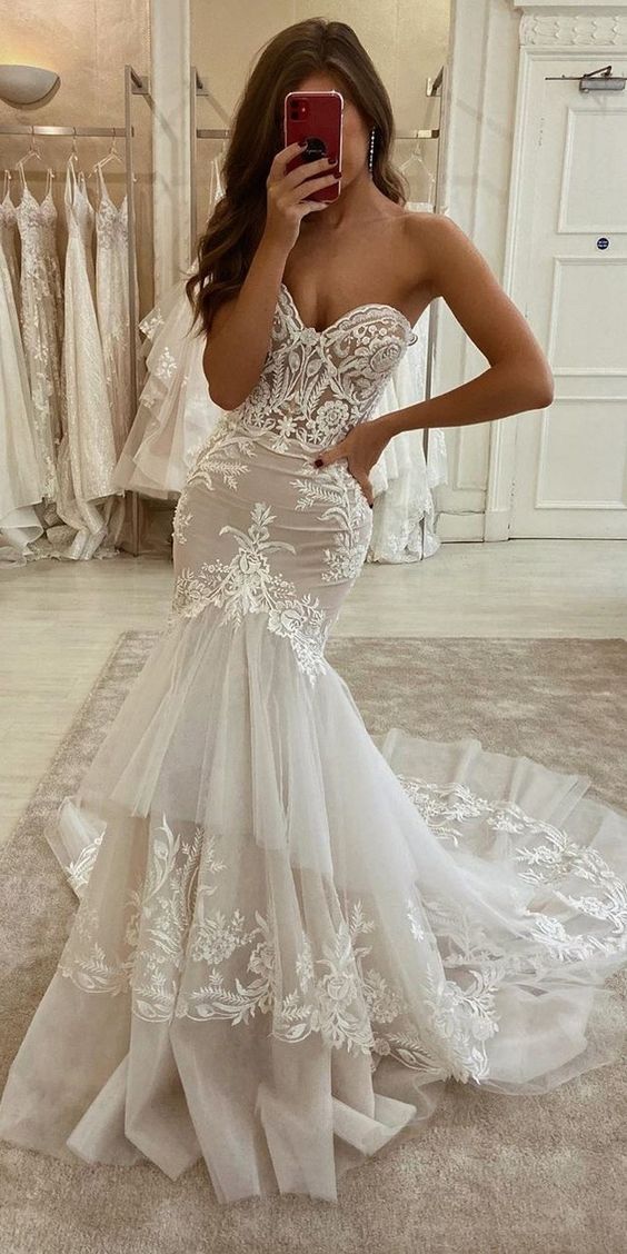 Charming Mermaid Lace Vintage Fashion Modest Wedding Dresses fg2564