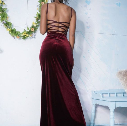 Elegant Mermaid Square Neck Burgundy Velvet Long Prom Dress fg2327