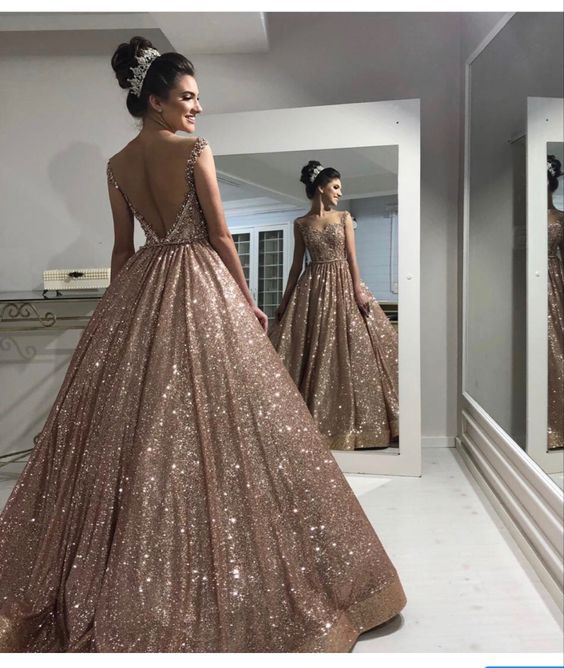 Champagne sequin long prom dress, ball gown evening dress fg2394