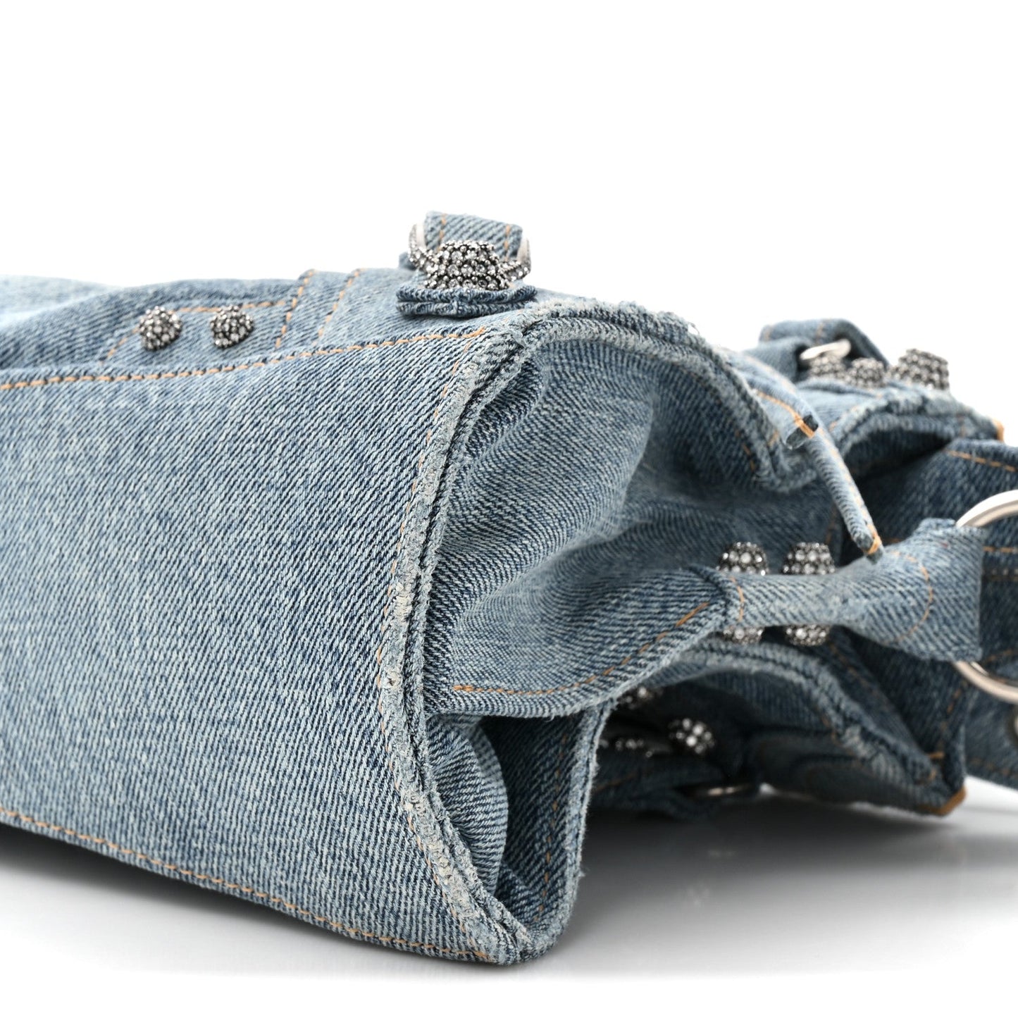 Washed Frayed Denim Crystal Neo Cagole Handbag XS Blue