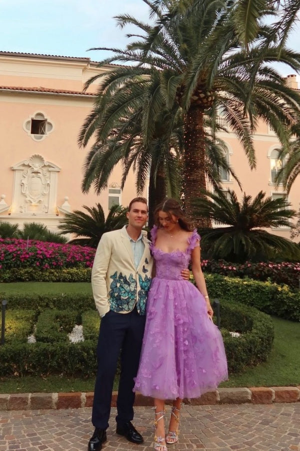 Purple Butterflies Appliques Square Tulle Prom Dress Long A-Line sleeveless
