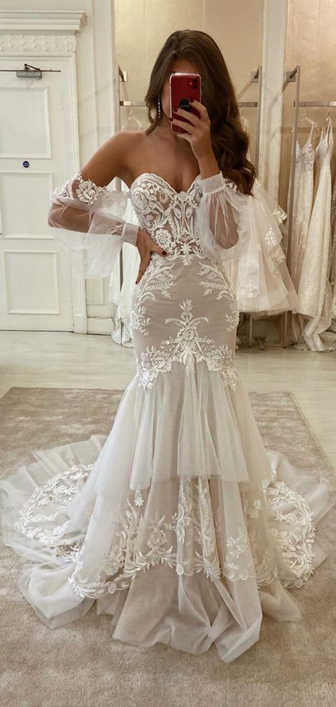 Charming Mermaid Lace Vintage Fashion Modest Wedding Dresses fg8511