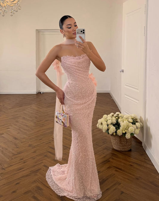 Sleeveless Square Mermaid Evening Dress With Scarf