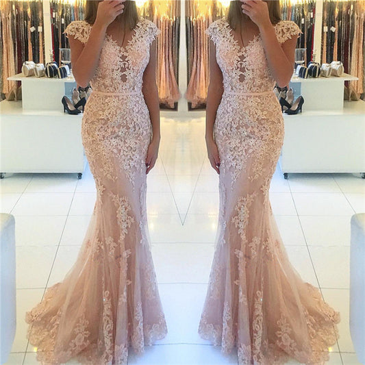 Appliques Mermaid Cap Sleeve Prom Dress