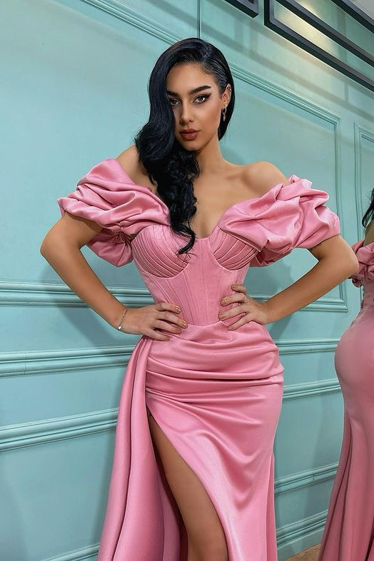 Pink Mermaid Off-the-Shoulder Slit Prom Dress