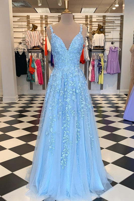 Elegant Spaghetti-Straps A Line Prom Dress V Neck Tulle With Appliques