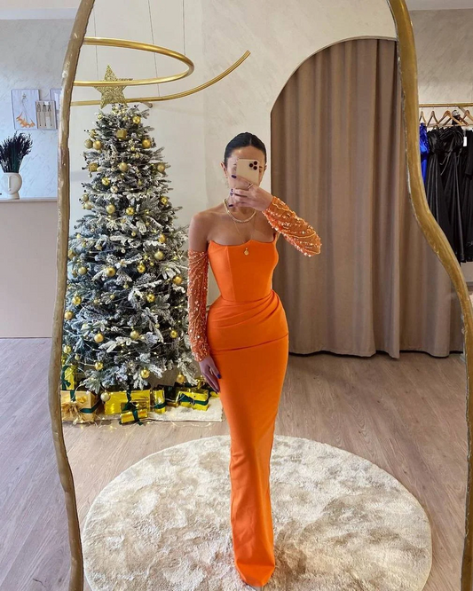 Orange Slim Fit Strapless Prom Dress With Sheer Beaded Sleeves