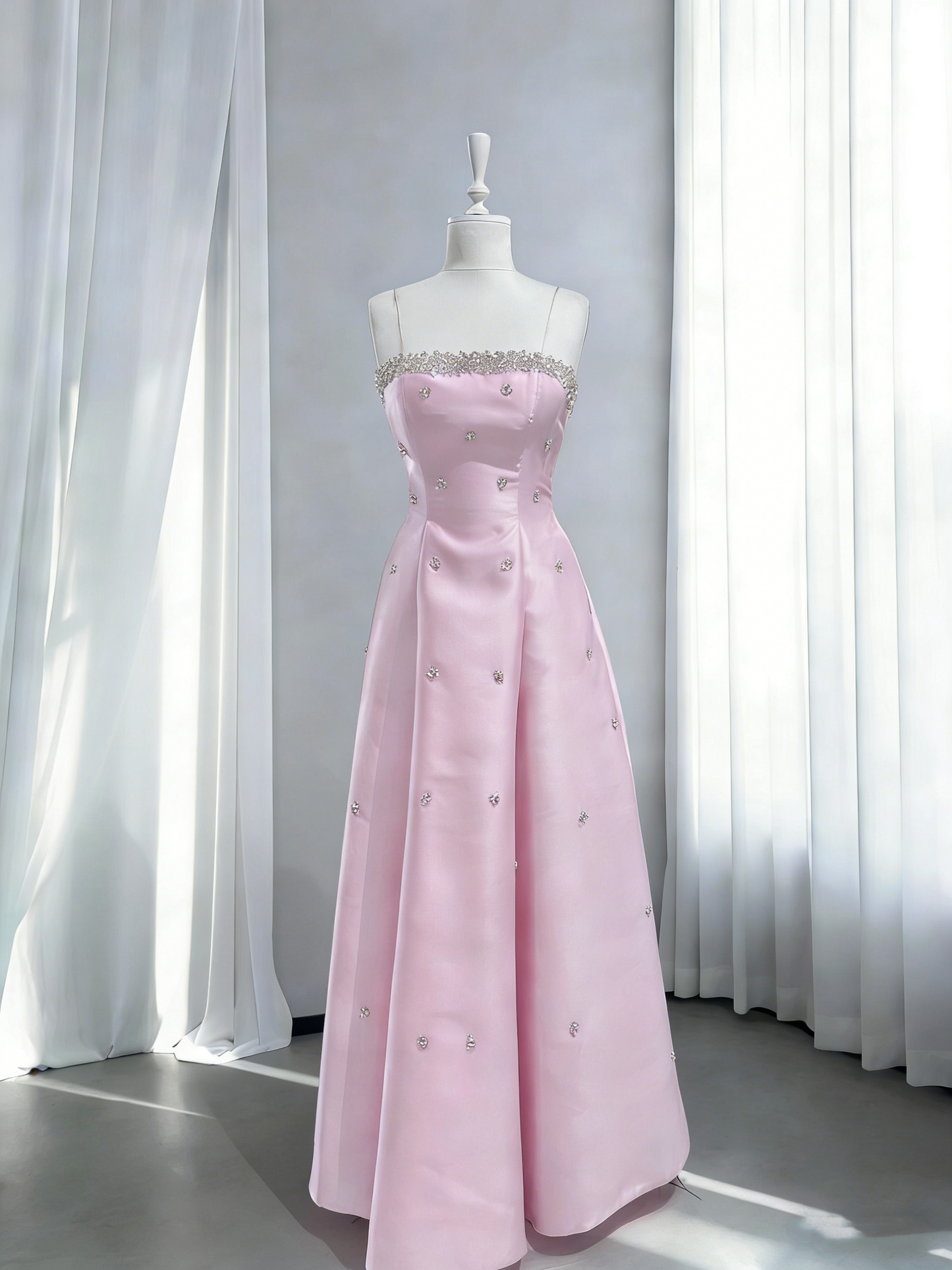 Elegant Pink Satin Beaded A Line Long Party Dress Wedding Guest Dress SP1759