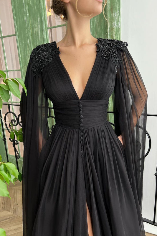 Elegant Black Deep V Neck Tulle Maxi Cocktail Evening Party Dress Front Slit Ruffle Sleeves