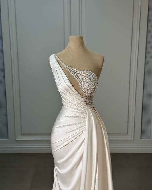 White Strapless Sleeveless Pleated Mermaid Prom Dress With Beads