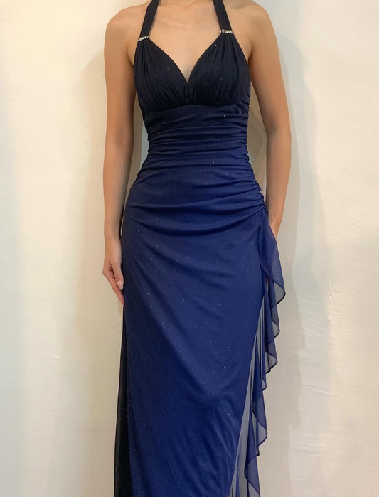 Halter Ombre Navy Blue Long Chiffon Prom Dress SH1157
