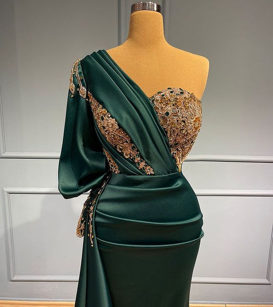 Dark Green Beads One-Shoulder Mermaid Prom Dress With Appliques