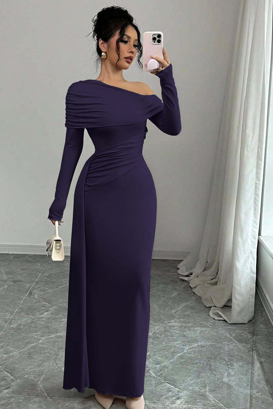 Long Sleeves One-Shoulder Pleated Mermaid Prom Dress