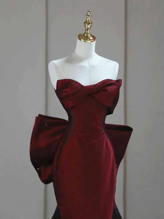Black and Red Strapless Long Prom Dress, Elegant Evening Formal Gown with Bow fg8747