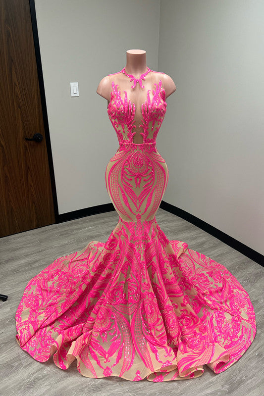 Laser Light Crew Neck Mermaid Prom Dress Sleeveless Court