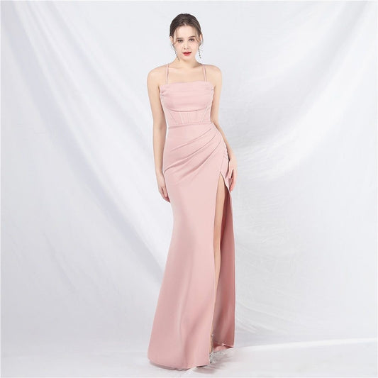 Pink Sleeveless Spaghetti Straps Square Mermaid Prom Dress