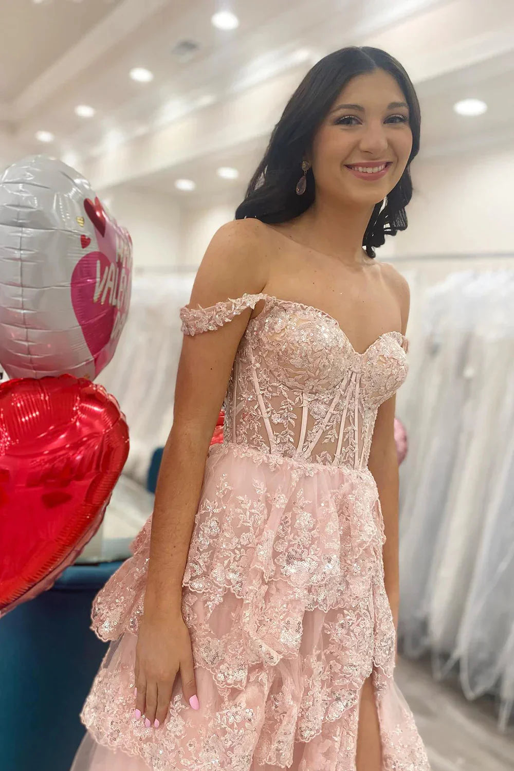 Pink Sequin Appliques Off-the-Shoulder Ruffle Tiered Long Prom Dress Evening Gown SD1414