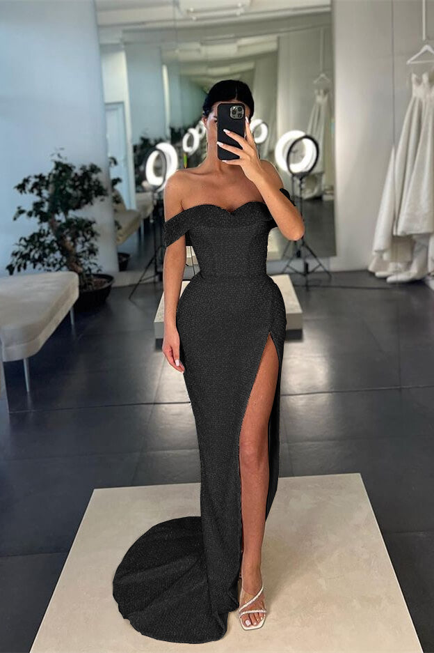 Mermaid White Off-the-Shoulder Sequins Slit Prom Dress