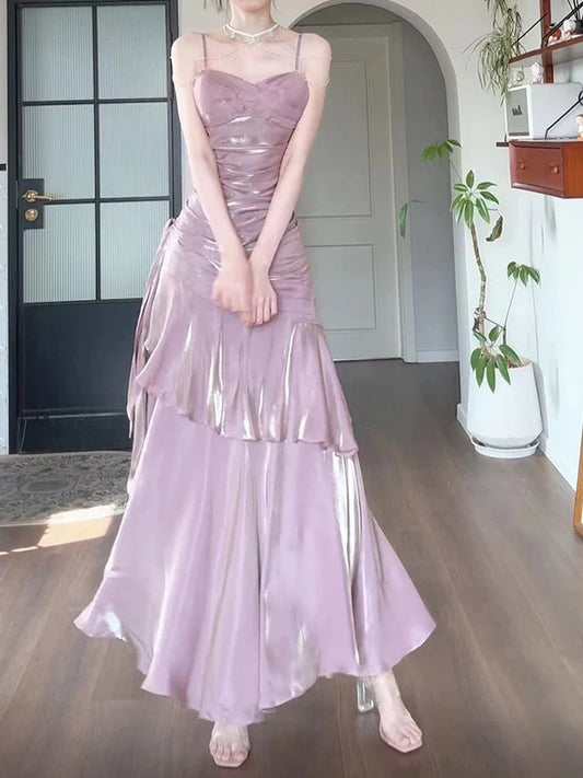 Gentle Mermaid Spaghetti Straps Tiered Pleated Purple Satin Evening Dress Party Dress SH2810