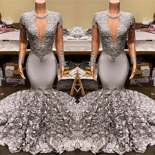 Elegant Mermaid V-Neck Prom Dress Appliques Long Sleeves With Flowers Bottom