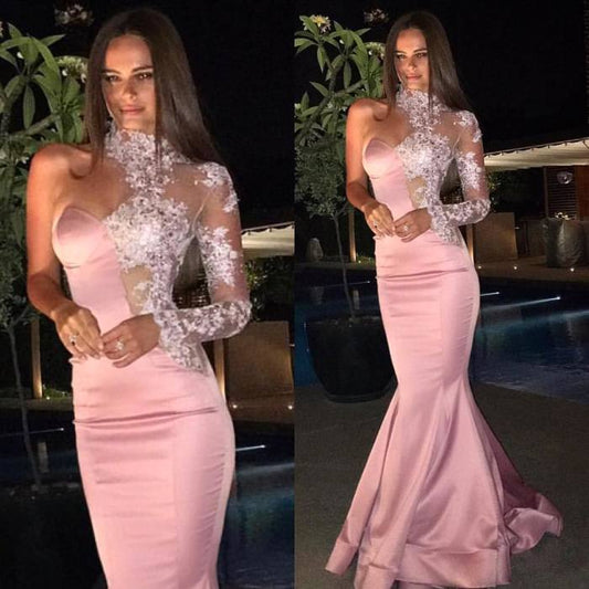 Pink Glamorous One Shoulder Prom Dress Long Sleeves