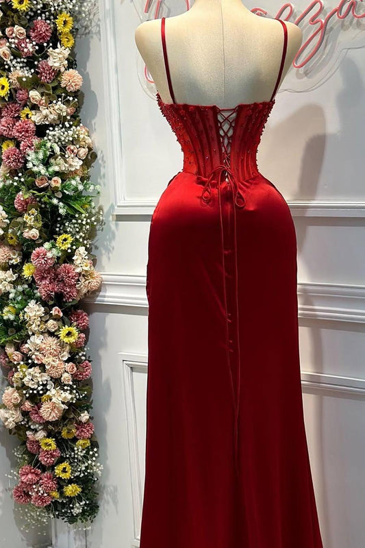 Shinning Red Satin Spaghtti Strap Sweetheart Split Prom Dress with Beadings