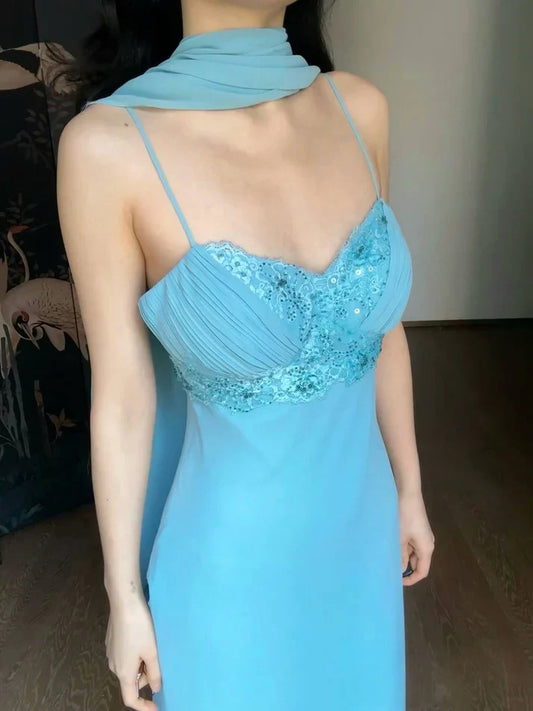 Elegant Sheath Spaghetti Strap Beaded Sequin Blue Chiffon Prom Dress Graduation Prom Dress SH2618