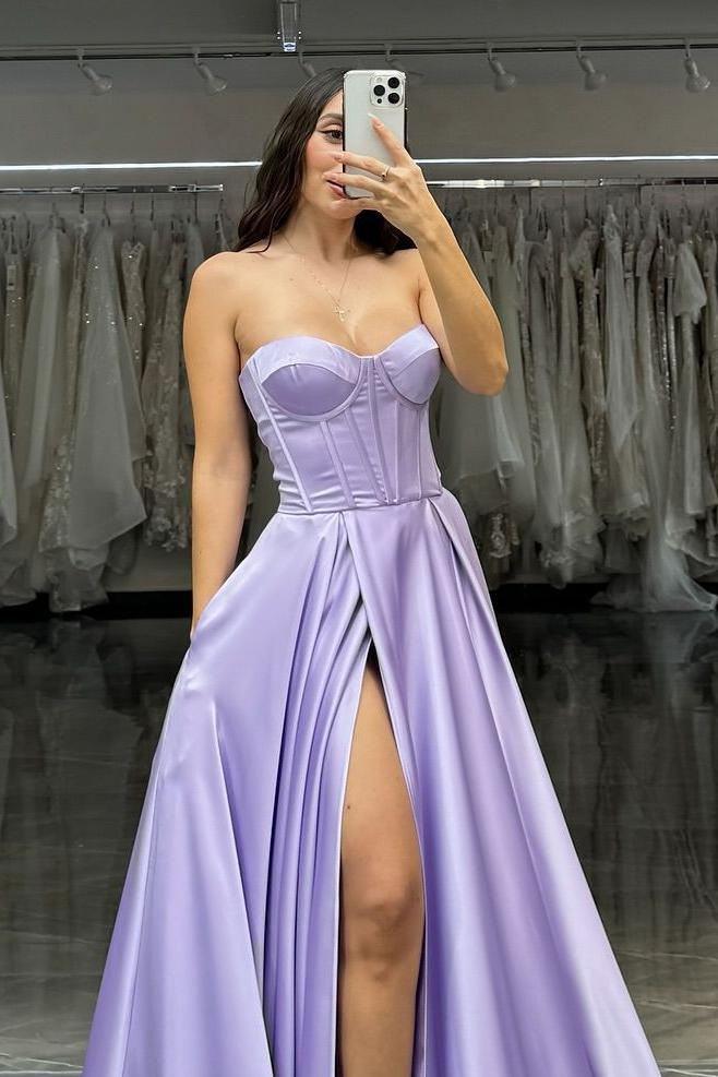 Simple Lilac Satin Strapless Sleeveless Long Pleated Prom Dress with Split
