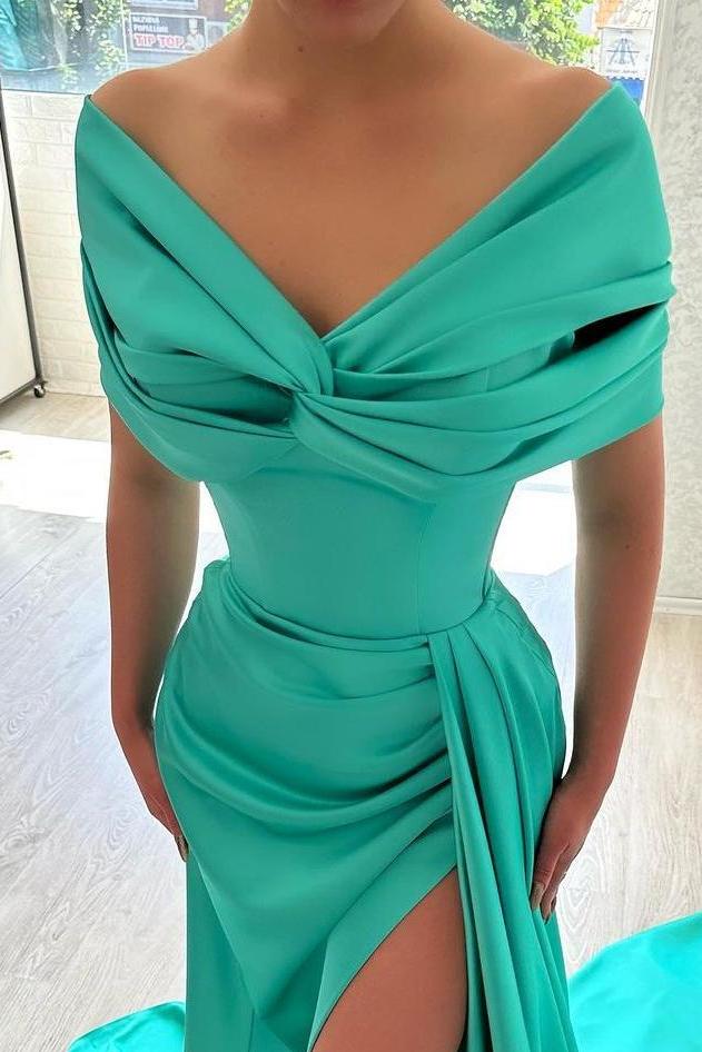 Glamorous Satin Off the Shoulder Strapless Pleated Long Prom Dress with Split