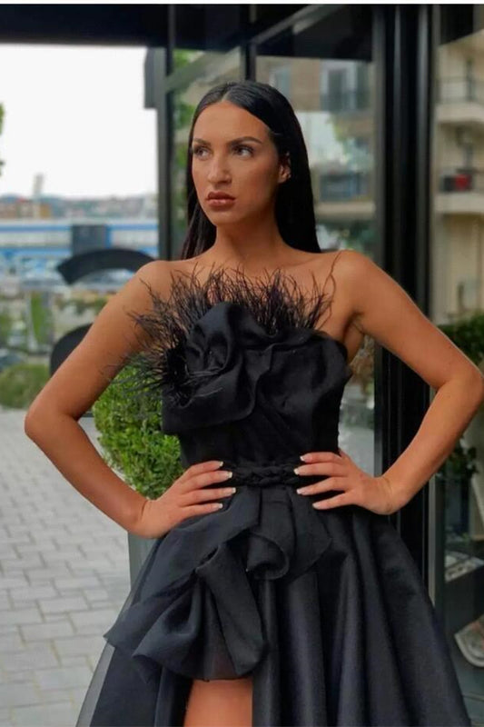 Long Black Prom Dress Slit With Feather