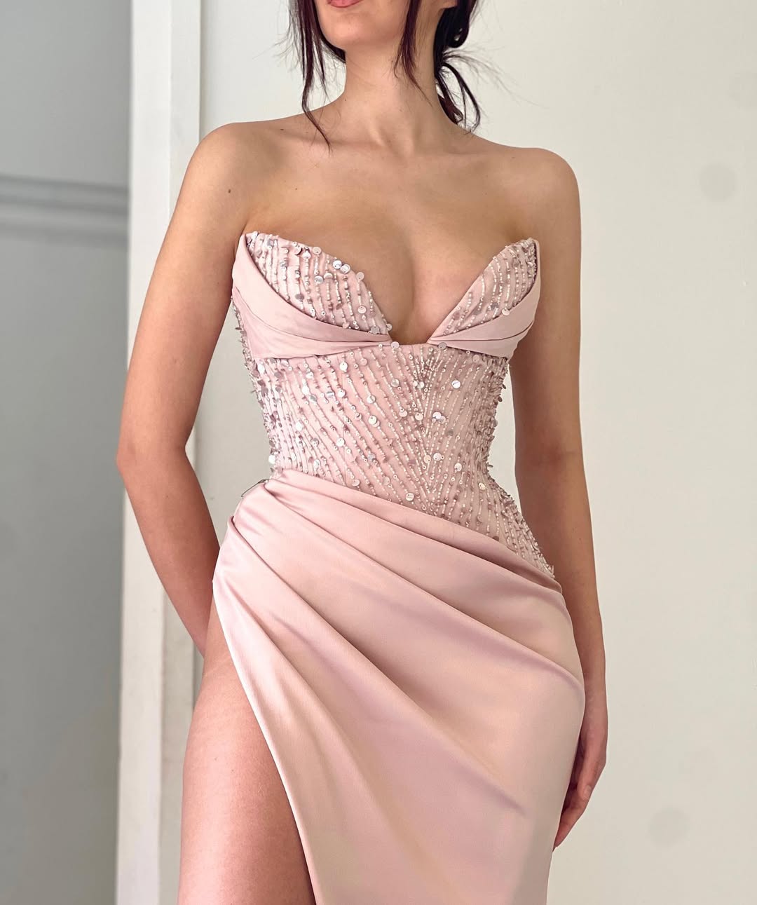 Pink Sleeveless Strapless Mermaid Beads Prom Dress