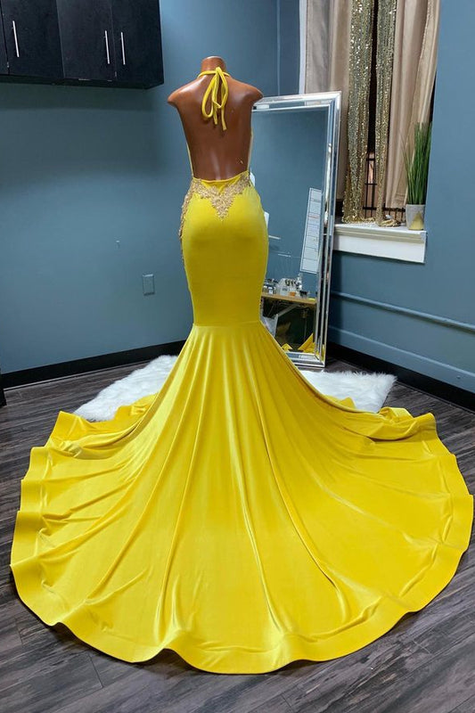 Mermaid Yellow Halter Classic Prom Dress With Appliques