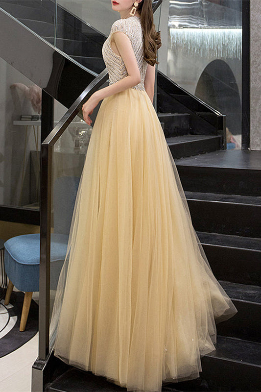 Yellow Sequins Beadings Evening Dress With long Ruffles High Collar Cap Sleeves