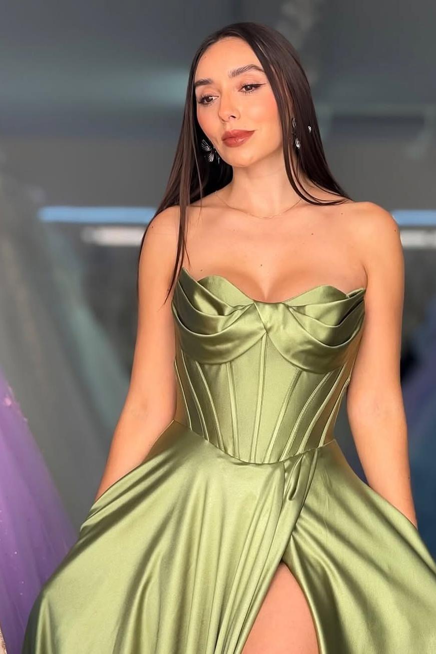 Charming Sage Satin Sleeveless Strapless Sweetheart Long Split Prom Dress with Pleated