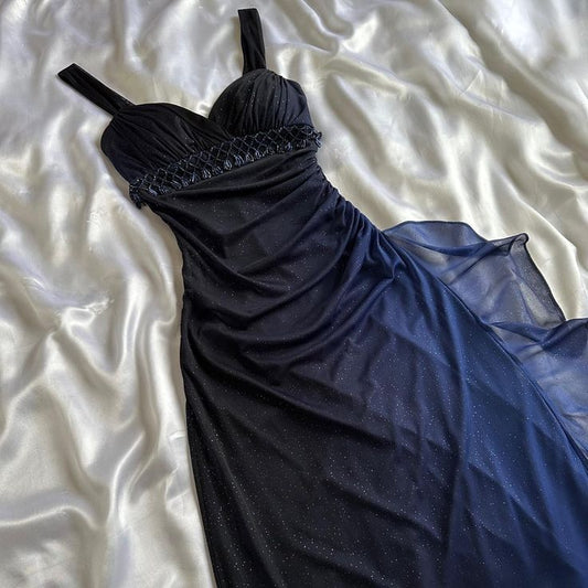 Charming A Line Spaghetti Strap Beaded Navy Blue Ombre Chiffon Party Dress Evening Dress SH2794