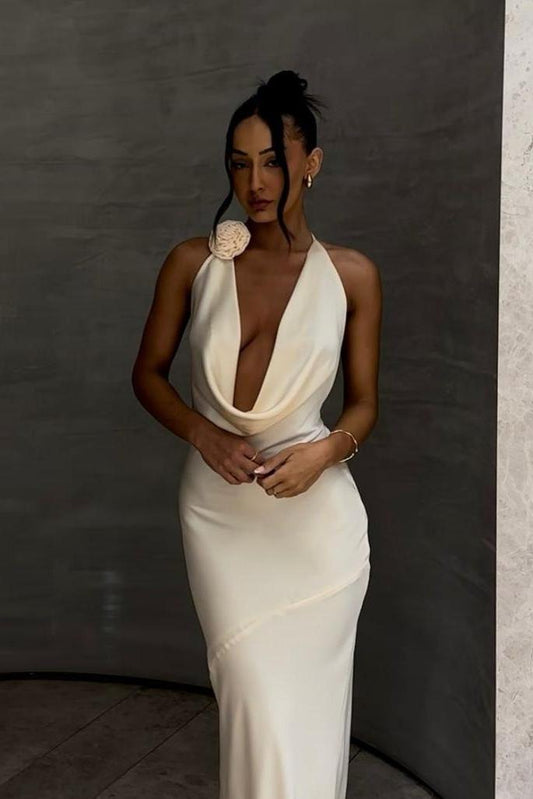 Charming White Satin Sleeveless Halter Deep V Neck Long Prom Dress with Pleated