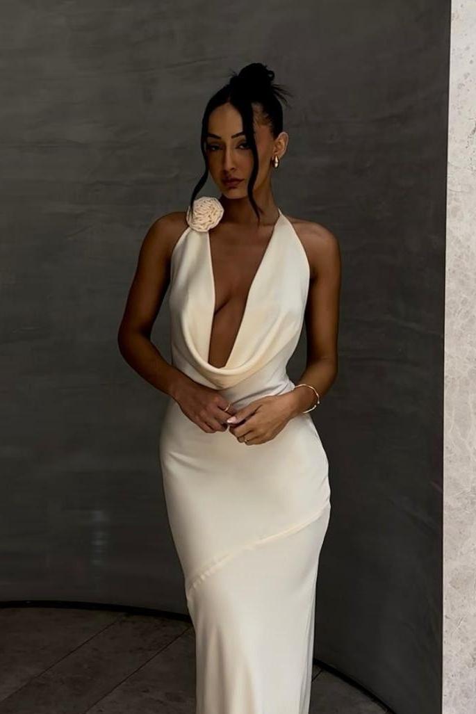 Charming White Satin Sleeveless Halter Deep V Neck Long Prom Dress with Pleated