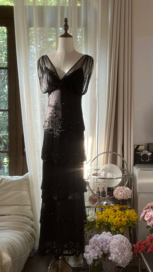 Charming Sheath V Neck Layered Beaded Black Chiffon Party Dress Evening Dress SH2964