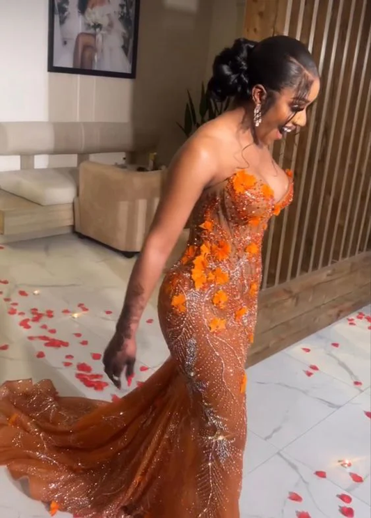 Classy Mermaid Sweetheart Orange Tulle Sequin Evening Gowns Long Prom Dress S2702