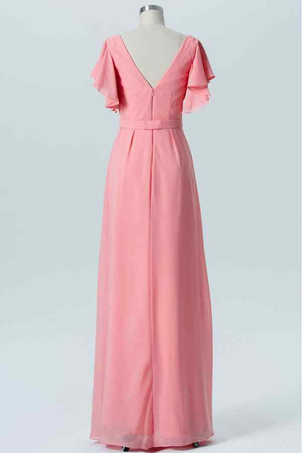 Coral A-line Faux-Wrap Chiffon Pleated Ruffle Long Bridesmaid Dress