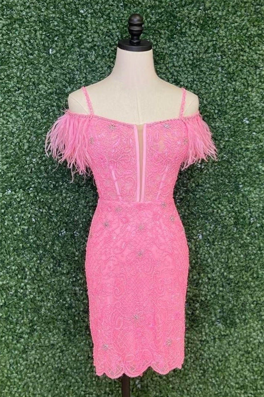 Red Off-the-Shoulder Sequined Embroidery Sheath Homecoming Dress with Feathers