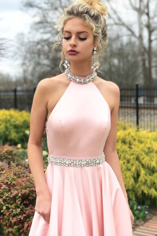 Halter Sleeveless Mermaid Prom Dress Pink With beads