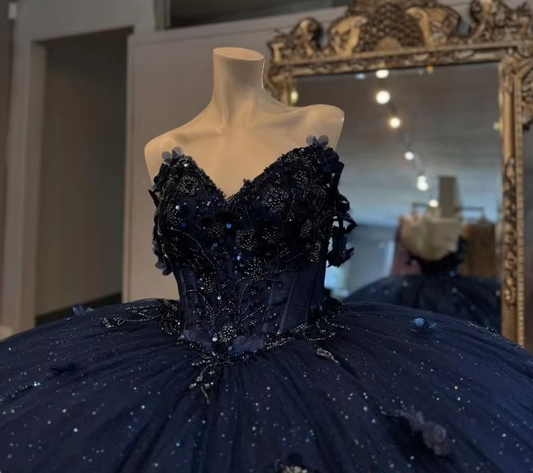 Mexico Navy Quinceanera Dress Ball Gown Floral Appliques Beaded Crystal Corset Sweet 16 Vestido De 15 Anos fg6839