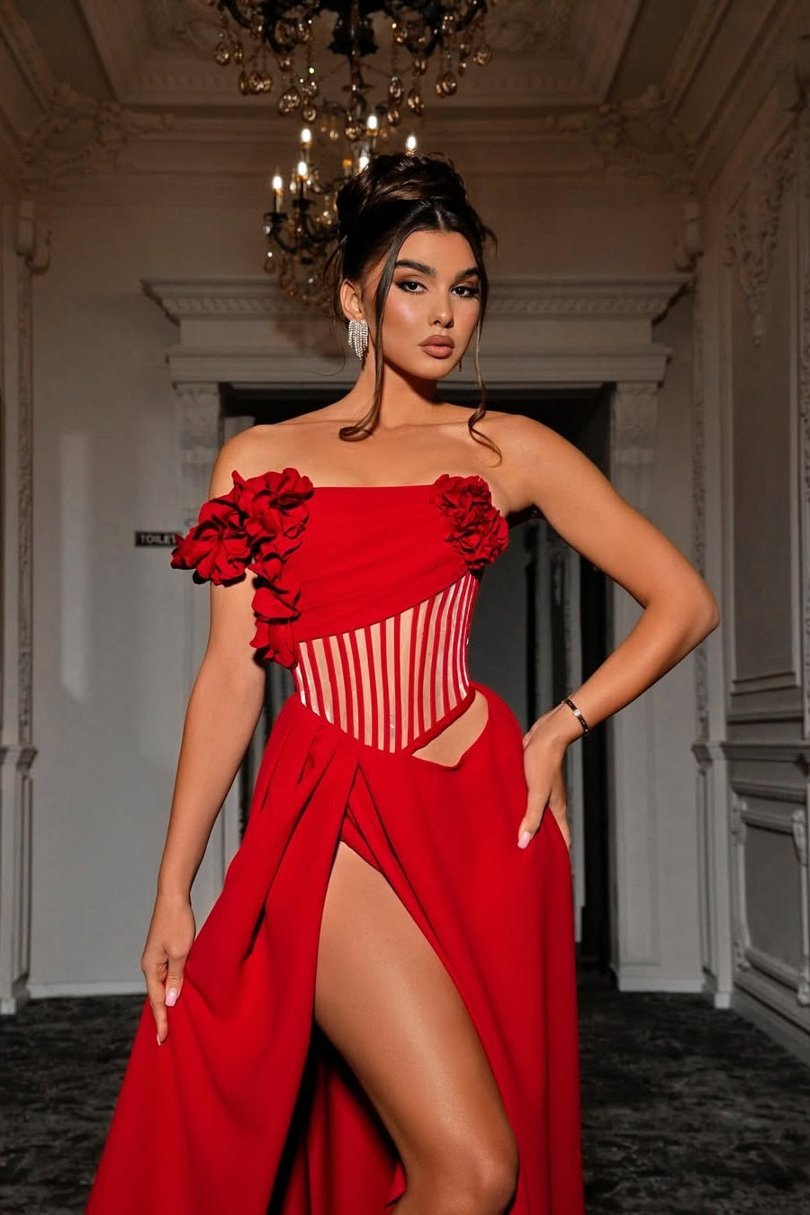 Red Sleeveless Strapless Square A-Line Long Prom Dress