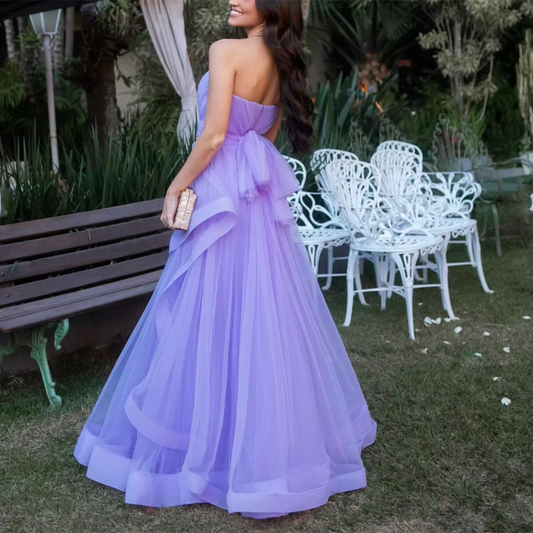 Lavender Tulle Long Dresses Wedding Party Ruffles Strapless Prom Dresses Formal Occasion Dress fg6856