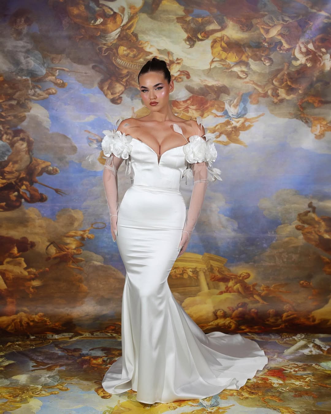 White Off-Shoulders Handmade Flower Mermaid Prom Dress With Plume Long Gloves